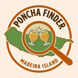Poncha Finder logo: two poncha glasses under a magnifying glass over a map of Madeira Island